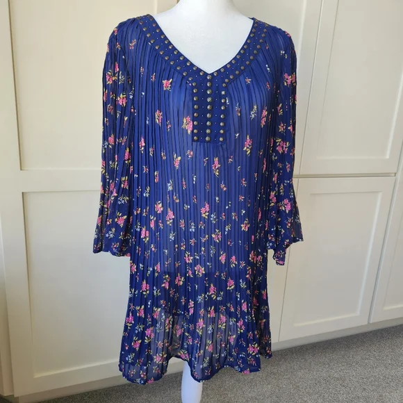 Woman Within Sheer Pleated Blouse Top Floral Print Navy Blue Pink Plus Large 18 - Picture 1 of 16